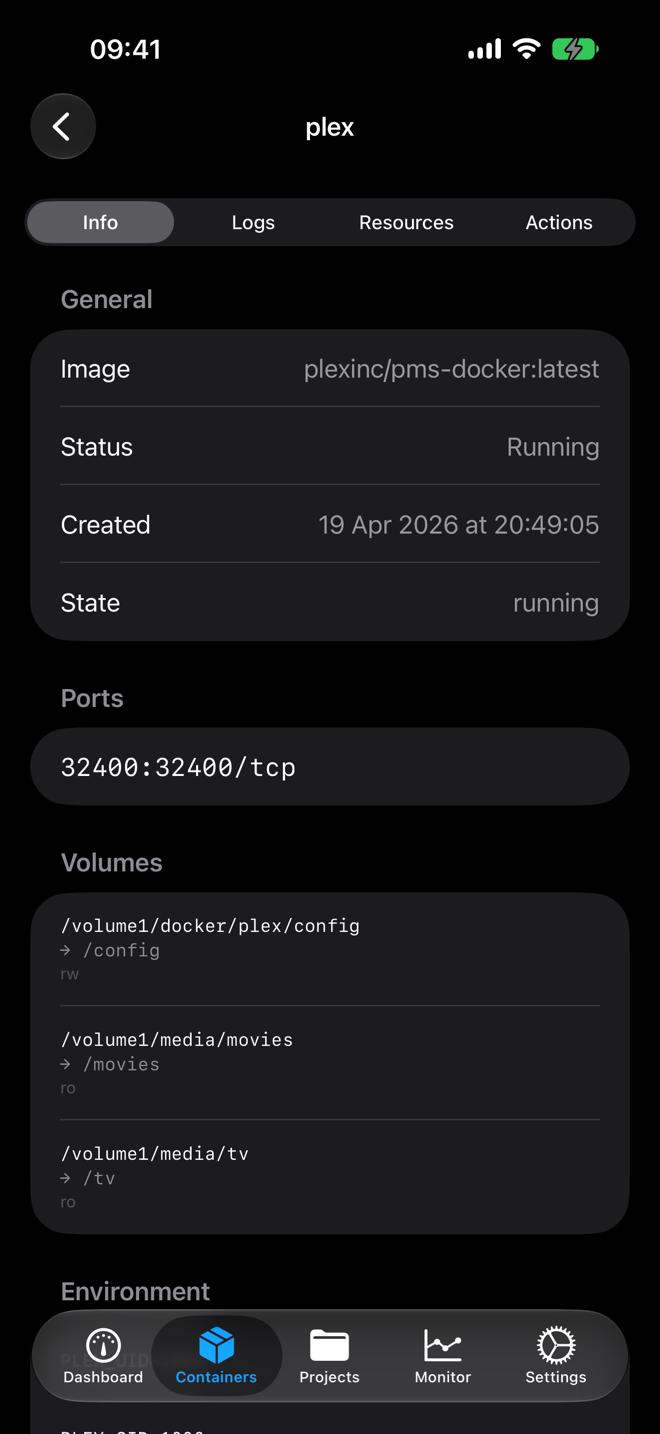 Container detail showing ports, volumes and environment variables