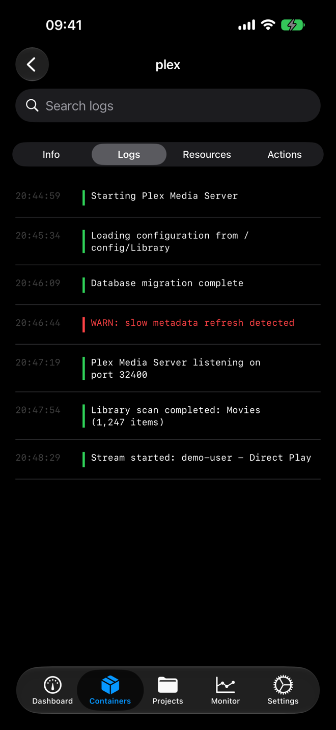Searchable container logs