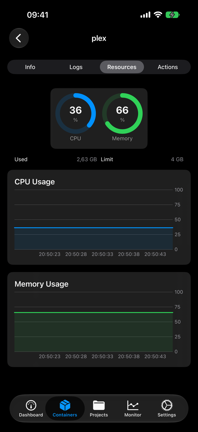 Per-container CPU and memory charts